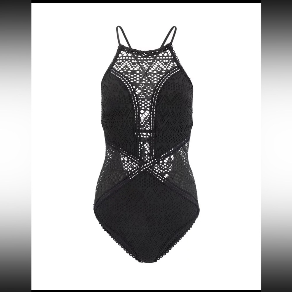 Adore Me - Black Lace - Margaret Contour Plus 1 Piece Crochet Open Back Swimsuit
